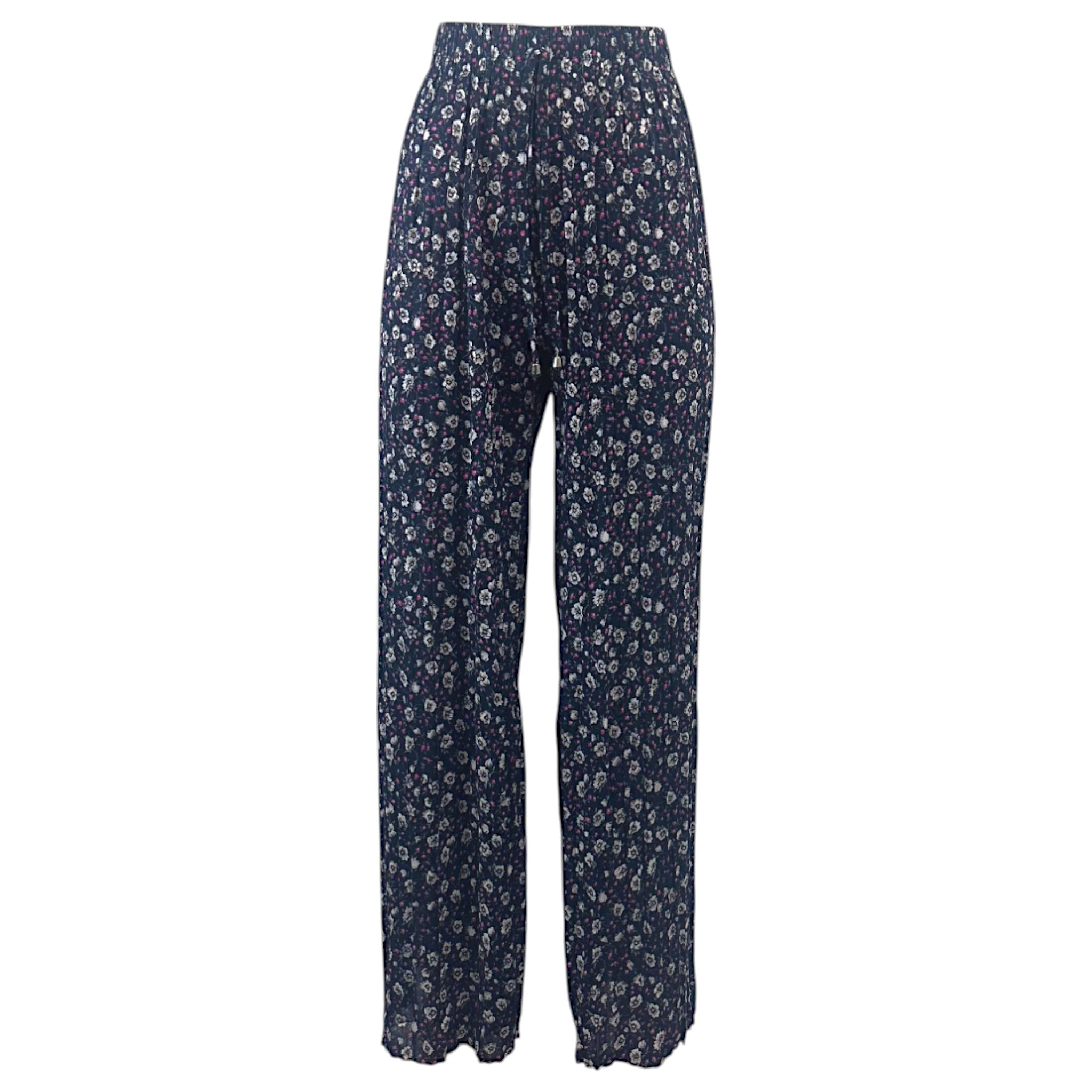 Women's lightweight floral print trousers in navy blue with elasticated waist – 3 vintage-style flower patterns